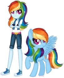 Size: 1280x1551 | Tagged: safe, artist:fantarianna, derpibooru import, rainbow dash, pegasus, pony, equestria girls, belt, clothes, converse, crossed arms, female, fingerless gloves, gloves, human and pony, human ponidox, looking at you, mare, pants, self ponidox, shoes, simple background, sneakers, transparent background