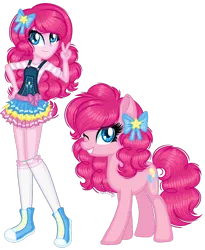 Size: 1280x1558 | Tagged: safe, artist:fantarianna, derpibooru import, pinkie pie, earth pony, pony, equestria girls, bow, clothes, converse, female, hair bow, human and pony, human ponidox, looking at you, mare, one eye closed, peace sign, self ponidox, shoes, simple background, skirt, socks, transparent background, wink, winking at you