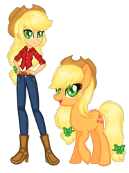 Size: 1280x1725 | Tagged: safe, artist:fantarianna, derpibooru import, applejack, earth pony, pony, equestria girls, belt, boots, clothes, cowboy boots, cowboy hat, hands on hip, hat, high heel boots, high heels, human and pony, human ponidox, looking at you, pants, self ponidox, shoes, simple background, transparent background
