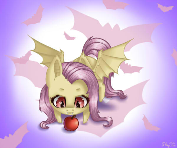 Size: 600x500 | Tagged: safe, artist:nastya-lazy-cat, derpibooru import, fluttershy, bat pony, pony, apple, bat ponified, chibi, cute, cutie mark background, female, flutterbat, food, gradient background, race swap, shyabates, shyabetes