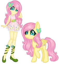 Size: 1280x1400 | Tagged: safe, artist:fantarianna, derpibooru import, fluttershy, pegasus, pony, equestria girls, clothes, dress, hairpin, hand on head, human and pony, human ponidox, looking at you, self ponidox, shoes, simple background, transparent background