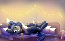 Size: 3843x2442 | Tagged: safe, artist:lilclim, derpibooru import, princess luna, alicorn, pony, bed, crescent moon, cute, female, high res, hug, lights, lunabetes, mare, moon, on back, on bed, pillow, pillow hug, smiling, solo, stars