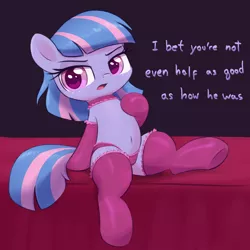 Size: 2000x2000 | Tagged: suggestive, artist:trial397, derpibooru import, wind sprint, pegasus, bed, choker, clothes, female, filly, foalcon, image, implied incest, lingerie, looking at you, panties, png, socks, solo, unamused, underwear