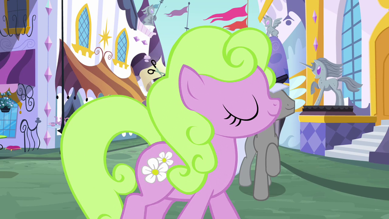 Size: 1280x720 | Tagged: safe, derpibooru import, edit, edited screencap, screencap, caesar, count caesar, daisy, flower wishes, earth pony, pony, the crystal empire, eyes closed, female, male, mare, stallion, trotting, walking