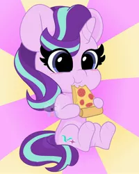 Size: 1638x2048 | Tagged: safe, artist:kittyrosie, derpibooru import, starlight glimmer, pony, unicorn, blushing, cute, eating, female, food, glimmerbetes, mare, pizza, sitting, solo, sunburst background, tomato