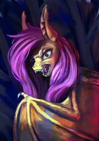 Size: 2560x3625 | Tagged: safe, artist:terrafomer, derpibooru import, part of a set, fluttershy, bat pony, pony, bat ponified, bat wings, bust, fangs, female, flutterbat, high res, hissing, looking at you, mare, open mouth, race swap, red eyes, solo, spread wings, wings