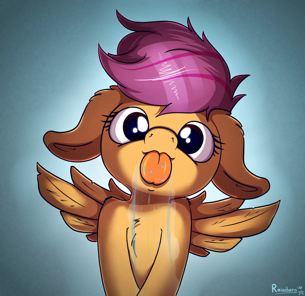 Size: 2549x2480 | Tagged: safe, artist:rainihorn, derpibooru import, scootaloo, pony, cute, cutealoo, drool, female, floppy ears, high res, image, licking, licking screen, licking the fourth wall, looking at you, png, solo, spread wings, tongue out, wings