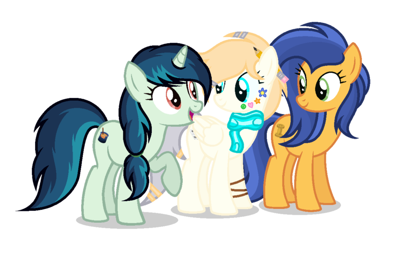 Size: 1260x788 | Tagged: safe, artist:razorbladetheunicron, derpibooru import, oc, oc:lanoga, oc:molasses curry, oc:scoop, unofficial characters only, earth pony, pegasus, pony, unicorn, base used, bracelet, clothes, hairband, jewelry, pencil, pencil behind ear, scarf, simple background, transparent background, trio