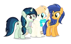 Size: 1260x788 | Tagged: safe, artist:razorbladetheunicron, derpibooru import, oc, oc:lanoga, oc:molasses curry, oc:scoop, unofficial characters only, earth pony, pegasus, pony, unicorn, base used, bracelet, clothes, hairband, jewelry, pencil, pencil behind ear, scarf, simple background, transparent background, trio