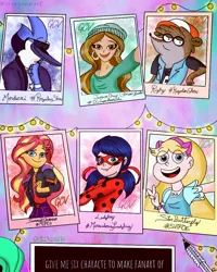 Size: 900x1125 | Tagged: safe, artist:marlyannart2561, derpibooru import, sunset shimmer, anthro, bird, human, six fanarts, equestria girls, :d, beanie, bust, clothes, costume, crossover, dc comics, dc superhero girls, ear piercing, earring, female, green lantern, hat, jacket, jessica cruz, jewelry, male, marinette dupain-cheng, mask, miraculous ladybug, mordecai, peace sign, piercing, regular show, rigby, selfie, smiling, star butterfly, star vs the forces of evil