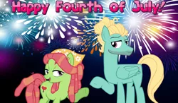 Size: 2064x1204 | Tagged: safe, derpibooru import, tree hugger, zephyr breeze, earth pony, pegasus, 4th of july, bandana, female, fireworks, friendship, hair bun, hippie, hipster, holiday, looking at each other, male, night, shipping, straight, zephyrhugger