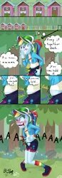 Size: 912x2616 | Tagged: suggestive, artist:bombality-kink, derpibooru import, rainbow dash, equestria girls, equestria girls series, spoiler:eqg series (season 2), agony, belly button, bladder bulge, bladder inflation, comic, crossed legs, crotch grab, desperation, eyes watering, hand on belly, inflation, line-up, music festival outfit, nail biting, need to pee, omorashi, out of order, port-a-potty, potty emergency, potty time, stomach bulges, stomach noise, sweat