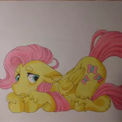 Size: 1080x1080 | Tagged: safe, artist:c_owokie, derpibooru import, fluttershy, pegasus, pony, female, mare, open mouth, solo, traditional art, unshorn fetlocks, worried