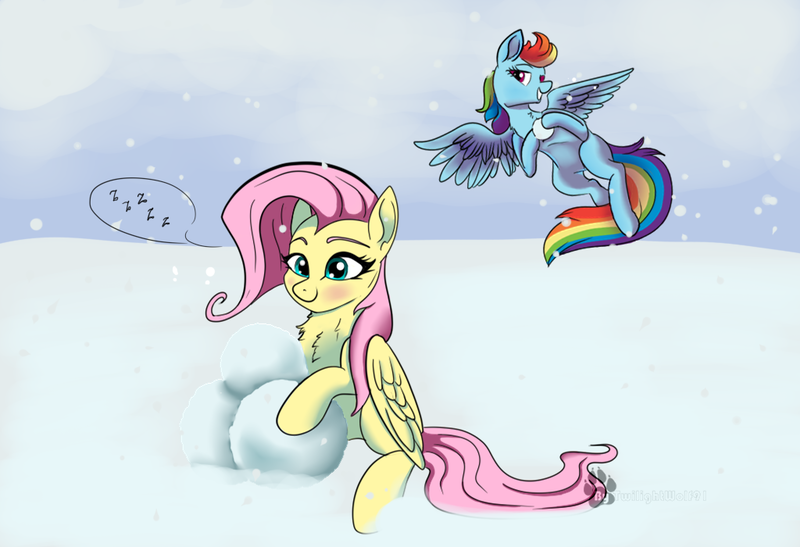 Size: 1024x700 | Tagged: safe, artist:twilightwolf91, derpibooru import, fluttershy, rainbow dash, pegasus, pony, clothes, duo, female, mare, scarf, signature, smiling, smirk, sneaking, snow, snowball, speech bubble, winter
