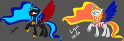 Size: 4040x1353 | Tagged: safe, artist:theheioslair, derpibooru import, oc, unofficial characters only, alicorn, pony, alicorn oc, duo, gray background, hoof shoes, horn, raised hoof, reference sheet, simple background, wings