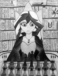 Size: 1890x2468 | Tagged: safe, derpibooru import, sunset shimmer, fanfic:anthropology, fanfic:background pony, fanfic:sunset of time, fanfic:the enchanted library, equestria girls, journal of the two sisters, black and white, book, bookshelf, calculus, candle, chess, chess piece, chessboard, elements of harmony (book), fanfic art, flanksy, friendship journal, grayscale, hourglass, implied daring do, implied starlight glimmer, implied starswirl, implied vinyl scratch, jewelry, journal, library, magic capture device, manifesto, monochrome, necklace, necronomicon, pencil drawing, pennyroyal academy, physics, reference, richard dawkins, star swirl's journal, starswirl's book, sunset's journal, textbook, throne, traditional art