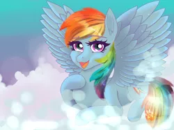 Size: 1400x1050 | Tagged: safe, artist:twilightwolf91, derpibooru import, rainbow dash, pegasus, pony, cloud, cute, dashabetes, female, hoof on chest, looking at you, mare, open mouth, prone, signature, solo, spread wings, wings