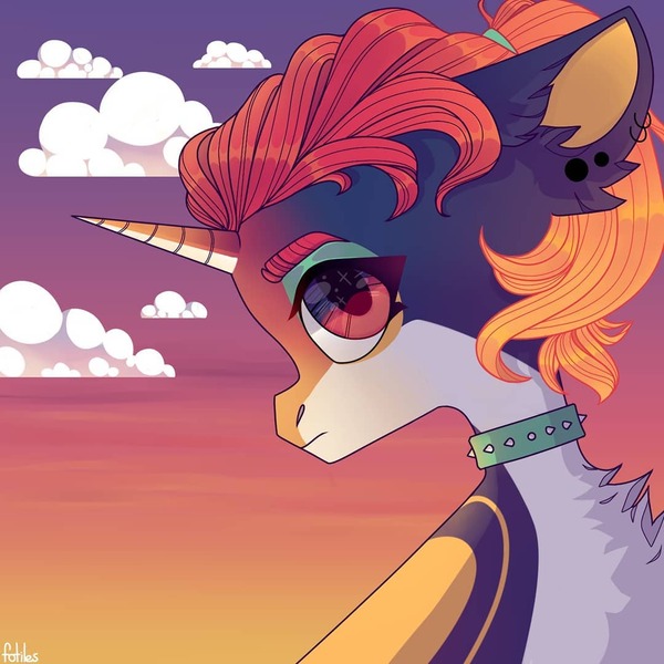 Size: 1080x1080 | Tagged: safe, artist:fotiles_art, derpibooru import, oc, unofficial characters only, pony, unicorn, bust, chest fluff, choker, cloud, ear piercing, earring, horn, jewelry, piercing, solo, spiked choker, sunset, unicorn oc