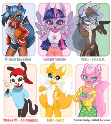 Size: 840x939 | Tagged: safe, artist:aluminaki aelah, derpibooru import, twilight sparkle, twilight sparkle (alicorn), alicorn, anthro, cat, tanooki, six fanarts, :d, :p, animaniacs, backwards ballcap, baseball cap, bna: brand new animal, bojack horseman, cap, clothes, crossed arms, cutie mark, cutie mark on clothes, fate/grand order, female, hat, jewelry, male, michiru kagemori, miles "tails" prower, necklace, one of these things is not like the others, open mouth, pants, patxi, peace sign, princess carolyn, smiling, sonic the hedgehog (series), tongue out, unamused, wakko warner