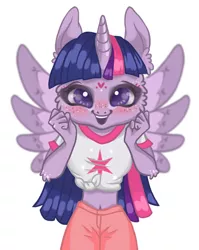 Size: 630x793 | Tagged: alicorn, alternate version, anthro, artist:aluminaki aelah, blushing, clothes, cutie mark, cutie mark on clothes, :d, derpibooru import, female, open mouth, pants, safe, simple background, smiling, solo, twilight sparkle, twilight sparkle (alicorn), white background