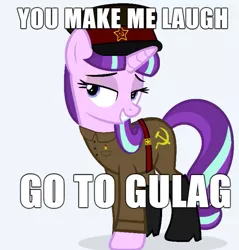 Size: 659x690 | Tagged: artist:nuke928, artist:starlessnight22, boots, caption, clothes, communism, derpibooru import, edit, gulag, hat, image macro, impact font, lidded eyes, meme, red army, s5 starlight, safe, shoes, simple background, smiling, solo, soviet union, stalin glimmer, starlight glimmer, text, the cutie map, this will end in gulag, transparent background, uniform, vector, vector edit