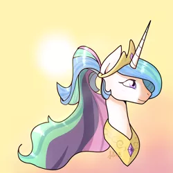 Size: 4096x4096 | Tagged: safe, artist:thesilverlightshines, derpibooru import, princess celestia, alicorn, pony, alternate hairstyle, bust, crown, female, jewelry, mare, peytral, ponytail, portrait, regalia, signature, smiling, solo, sun