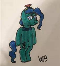 Size: 1174x1280 | Tagged: safe, artist:whistle blossom, deleted from derpibooru, derpibooru import, petunia paleo, earth pony, semi-anthro, belly button, bipedal, bow, clothes, cosplay, costume, crossover, cute, female, filly, foal, hat, marker drawing, pablo, petuniabetes, propeller hat, signature, simple background, smiling at you, solo, standing, the backyardigans, traditional art, white background