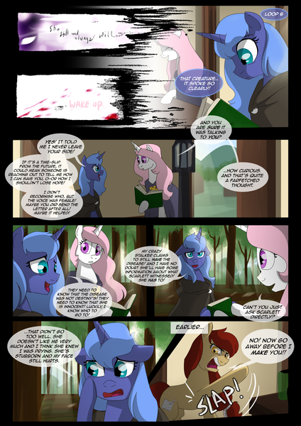 Size: 1240x1754 | Tagged: safe, artist:lunarcakez, derpibooru import, princess celestia, princess luna, oc, oc:scarlett rain, earth pony, pony, comic:the origins of hollow shades, book, cloak, clothes, comic, pink-mane celestia, s1 luna