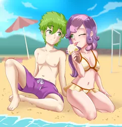 Size: 1854x1920 | Tagged: safe, artist:thebrokencog, derpibooru import, spike, sweetie belle, human, anime, beach, belly button, bikini, clothes, commission, feet, female, food, humanized, ice cream, male, male feet, one eye closed, sand, shipping, shorts, spikebelle, straight, swimsuit, water, wink