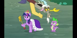 Size: 1440x720 | Tagged: safe, derpibooru import, screencap, discord, spike, twilight sparkle, twilight sparkle (alicorn), alicorn, pony, princess twilight sparkle (episode), big crown thingy, element of magic, jewelry, regalia, scepter, twilight is not amused, twilight scepter, unamused