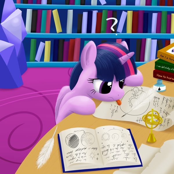 Size: 2000x2000 | Tagged: safe, artist:stellardust, derpibooru import, twilight sparkle, twilight sparkle (alicorn), alicorn, pony, :p, book, bookhorse, bookshelf, celestial mechanics, confused, cute, egghead, female, geocentric theory, gyroscope, heliocentric theory, inkwell, library, mare, nerd, purple smart, question mark, quill, solo, table, that pony sure does love books, tongue out, twiabetes, twilight's castle, twilight's castle library