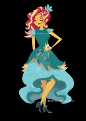 Size: 1280x1793 | Tagged: safe, artist:rlynn-art, artist:sketchysketchiness, derpibooru import, sunset shimmer, equestria girls, legend of everfree, black background, boots, clothes, crystal gala dress, deviantart watermark, dress, eyes closed, flower, flower in hair, hand on hip, obtrusive watermark, shoes, simple background, solo, watermark