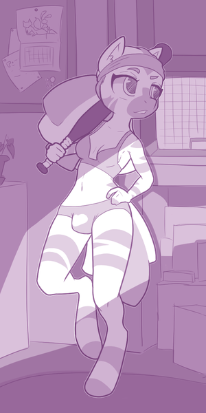 Size: 600x1200 | Tagged: anthro, artist:nakedsharks, baseball bat, breasts, crotch bulge, derpibooru import, oc, oc:bina booker, questionable, sketch, solo, transgender, trans girl, zebra