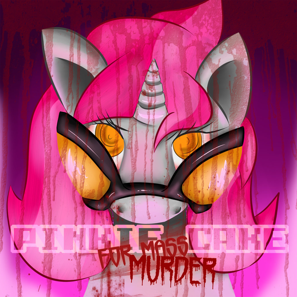 Size: 1024x1024 | Tagged: semi-grimdark, artist:pinkie cake, derpibooru import, oc, oc:pinkie cake, unofficial characters only, unicorn, album cover, blood, bust, portrait, solo, sunglasses, text