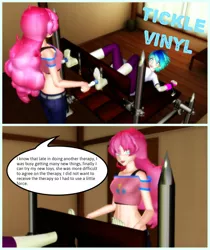 Size: 1008x1200 | Tagged: suggestive, artist:osiel-alex, derpibooru import, pinkie pie, vinyl scratch, human, equestria girls, 2 panel comic, 3d, alternate hairstyle, barefoot, belly button, belt, blushing, bondage, bondage furniture, bra, bra strap, breasts, clothes, comic, erotic tickling, feet, female, femdom, femsub, fetish, fingerless gloves, foot fetish, gloves, hitachi wand, humanized, jacket, jeans, laughing, leggings, midriff, mmd, open mouth, pants, sex toy, short shirt, skirt, stocks, submissive, tickle fetish, tickle torture, tickling, underwear, vibrator