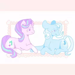 Size: 1080x1080 | Tagged: safe, artist:halomalwina, derpibooru import, starlight glimmer, trixie, pony, unicorn, blushing, duo, female, holding hooves, lesbian, mare, prone, shipping, startrix