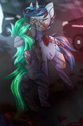 Size: 856x1308 | Tagged: semi-grimdark, suggestive, artist:cinnamonbun, derpibooru import, oc, oc:neon blur, oc:tempest flow, unofficial characters only, unicorn, blood, car, commission, covered in blood, drool, drool string, female, gun, knife, male, mare, oc x oc, shipping, stallion, weapon, ych result
