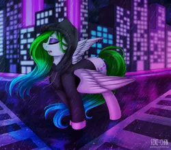 Size: 3000x2625 | Tagged: safe, artist:rinikka, derpibooru import, oc, oc:aurora wing, unofficial characters only, pegasus, pony, building, clothes, commission, eyes closed, eyeshadow, female, hoodie, makeup, mare, rain, spread wings, street, wings