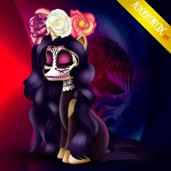 Size: 6000x6000 | Tagged: safe, artist:aldobronyjdc, derpibooru import, oc, oc:melody verve, unofficial characters only, unicorn, calavera catrina, dia de los muertos, dia de muertos, digital art, eyes closed, face paint, flag, flower, flower in hair, mexico, simple background, sitting, solo, tradition