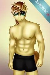 Size: 3000x4500 | Tagged: suggestive, artist:aldobronyjdc, derpibooru import, feather bangs, anthro, earth pony, abs, boxers, clothes, digital art, half naked, looking at you, male, muscles, partial nudity, pecs, simple background, smiling, smiling at you, solo, solo male, topless, underwear