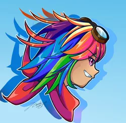 Size: 1380x1350 | Tagged: anime, artist:phoenixgoldensilver, bust, derpibooru import, female, goggles, human, humanized, portrait, rainbow dash, safe, sidemouth, solo, white outline