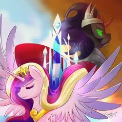 Size: 2000x2000 | Tagged: safe, artist:phoenixgoldensilver, derpibooru import, king sombra, princess cadance, alicorn, pony, unicorn, crystal empire, duo, female, high res, male, mare, spread wings, stallion, wings