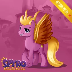 Size: 3500x3500 | Tagged: safe, artist:aldobronyjdc, derpibooru import, ponified, pegasus, pony, cutie mark, digital art, fire, logo, looking away, male, simple background, smiling, solo, spyro the dragon, standing, video game, video game character