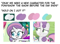 Size: 1480x1100 | Tagged: safe, derpibooru import, edit, screencap, potion nova, sweetie belle, pony, unicorn, my little pony: pony life, caption, color palette, comparison, cropped, image macro, meme, smiling, text