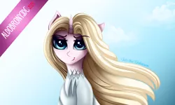 Size: 5000x3000 | Tagged: safe, artist:aldobronyjdc, derpibooru import, ponified, pony, unicorn, clothes, cloud, elsa, female, frozen (movie), into the unknown, long hair, looking at you, movie character, simple background, smiling, solo, text, wind