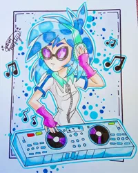 Size: 912x1140 | Tagged: safe, artist:your.millye, derpibooru import, vinyl scratch, human, equestria girls, bust, clothes, female, fingerless gloves, gloves, headphones, humanized, music notes, signature, solo, sunglasses, traditional art, turntable