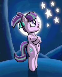 Size: 2400x3000 | Tagged: artist:saburodaimando, belly button, bipedal, brothers grimm, cute, derpibooru import, die sterntaler, female, filly, filly starlight glimmer, glimmerbetes, newbie artist training grounds, night, safe, starlight glimmer, star money, stars, startaler, younger