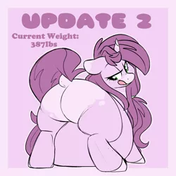 Size: 2200x2200 | Tagged: suggestive, artist:mulberrytarthorse, derpibooru import, oc, oc:mulberry tart, unofficial characters only, pony, unicorn, series:feed the beast, abstract background, advertisement, belly, big belly, butt, dock, fat, fat fetish, female, fetish, fundraiser, high res, incentive drive, large butt, licking, licking lips, mare, plot, raised tail, rear view, solo, tail, tongue out, weight gain