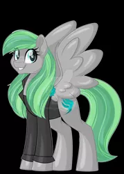 Size: 1600x2230 | Tagged: safe, artist:missmele-madness, derpibooru import, oc, pegasus, pony, black background, clothes, deviantart watermark, female, jacket, mare, obtrusive watermark, simple background, solo, watermark