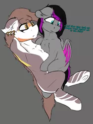 Size: 753x1000 | Tagged: safe, artist:scarrly, derpibooru import, oc, oc:scarrly, bat pony, dialogue, fangs, question mark, sitting on lap, size difference, underhoof